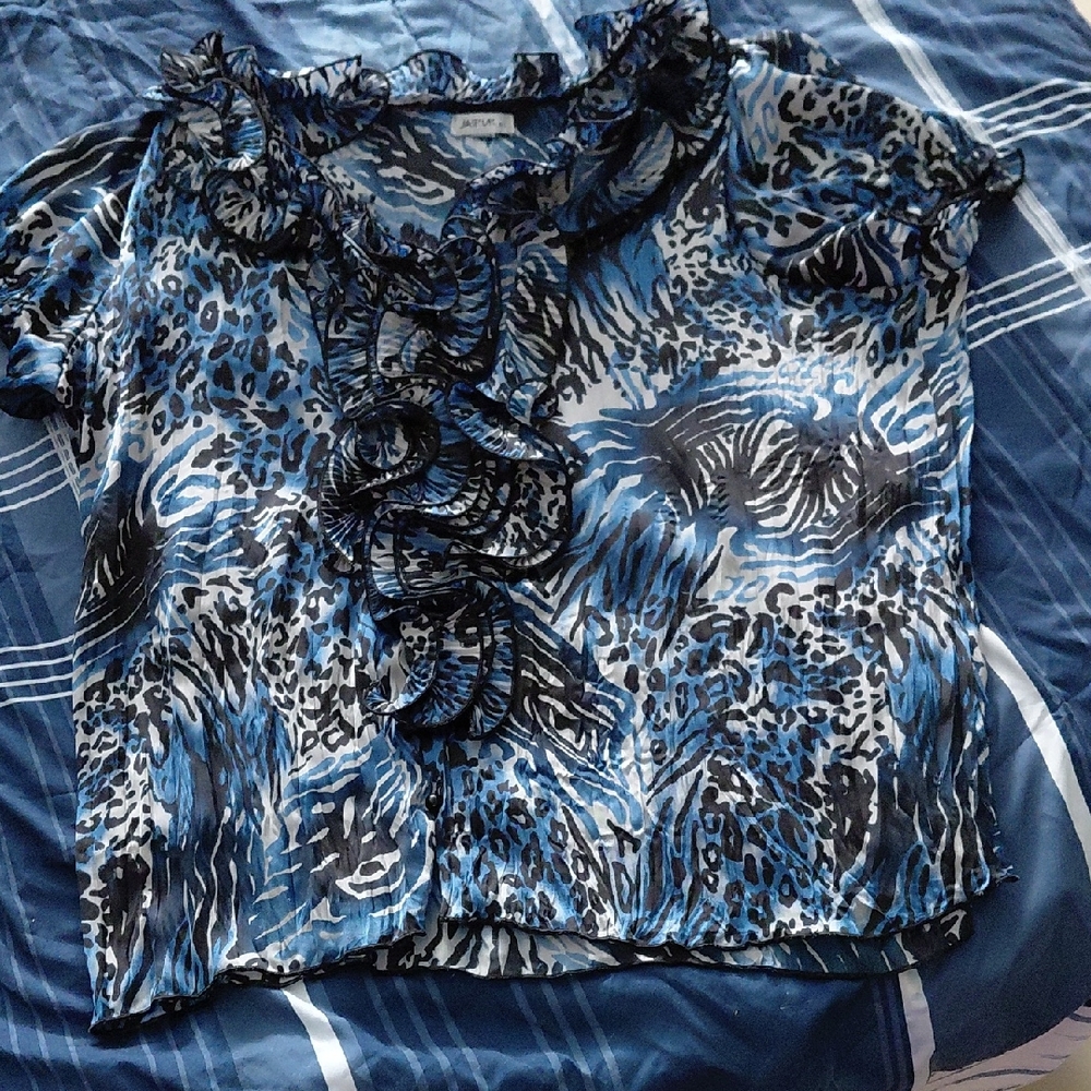 Jaipur Blue and Black Ruffled Short Sleeve Blouse